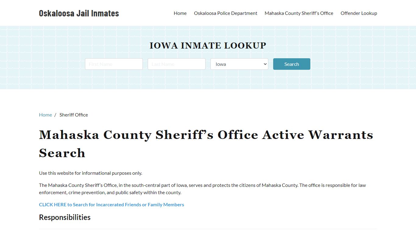 Mahaska County Sheriff Office, IA Warrant Lookup - Oskaloosa Jail